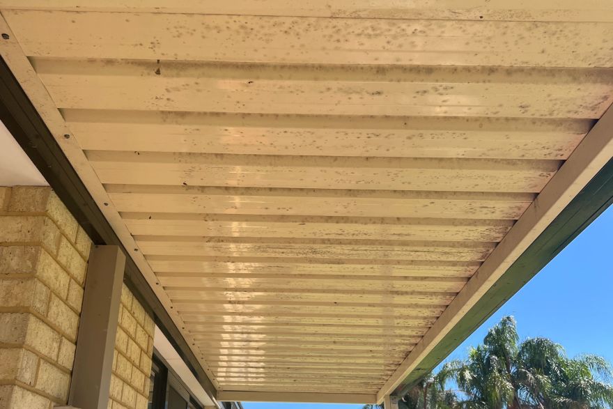 Cleaning beneath a patio roof: before