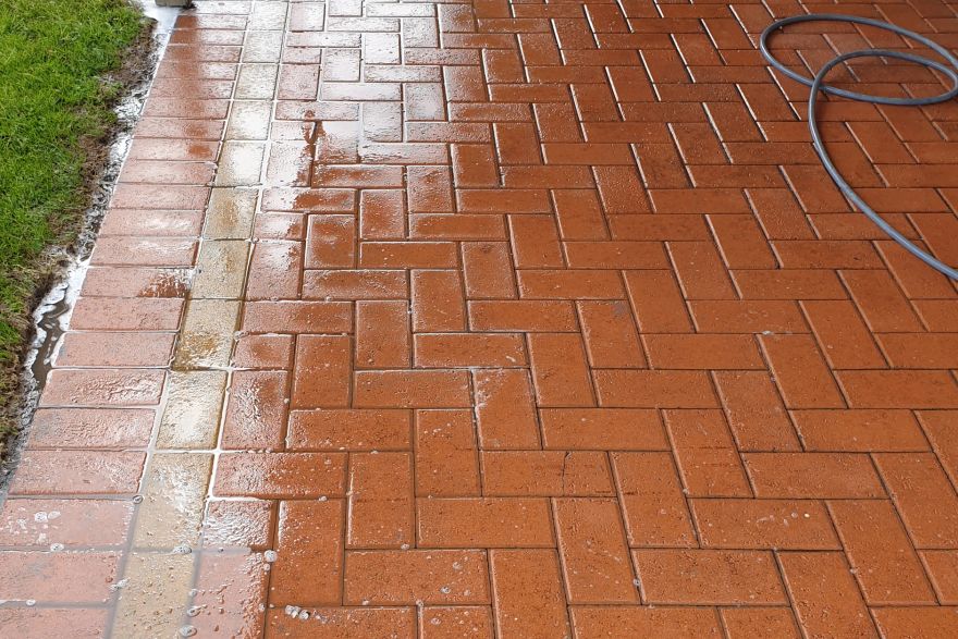 Before and after paint removal on brick pavers · Patio / alfresco: after