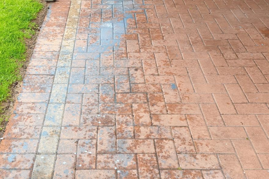 Before and after paint removal on brick pavers · Patio / alfresco: before