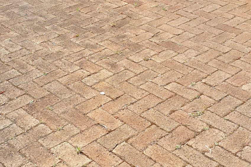 Before and after cleaning on brick pavers · Driveway: before