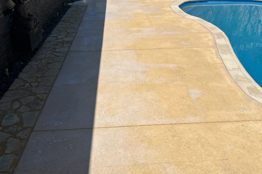 Before and after cleaning on liquid limestone · Poolside: after