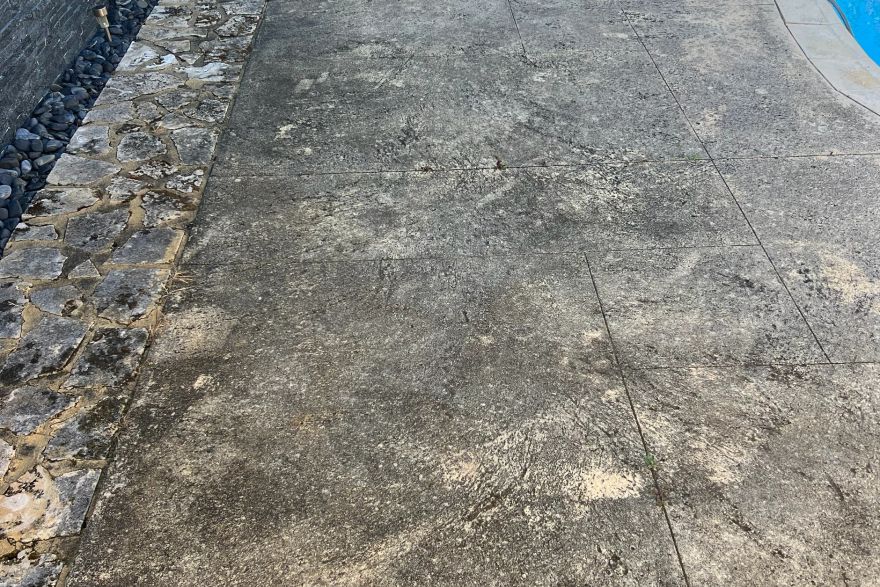 Before and after cleaning on liquid limestone · Poolside: before