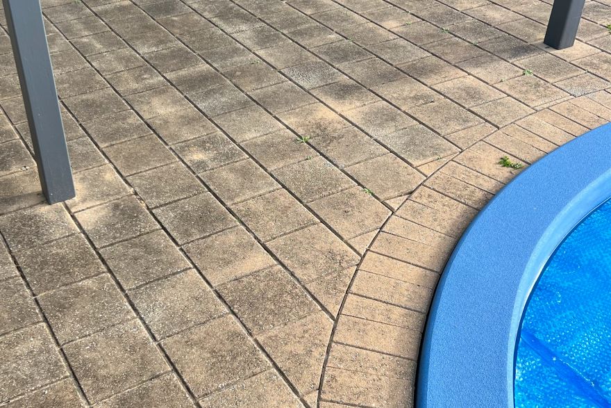 Before and after cleaning on brick pavers · Poolside: before