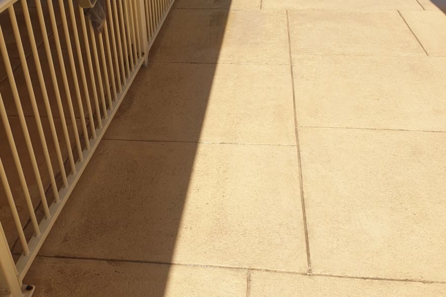 Before and after cleaning on liquid limestone · Poolside: after