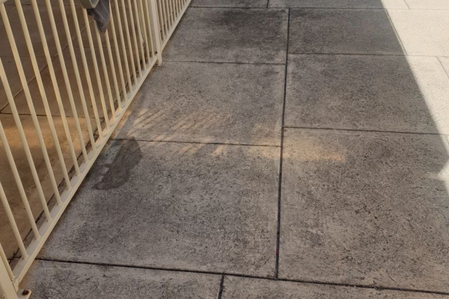 Before and after cleaning on liquid limestone · Poolside: before