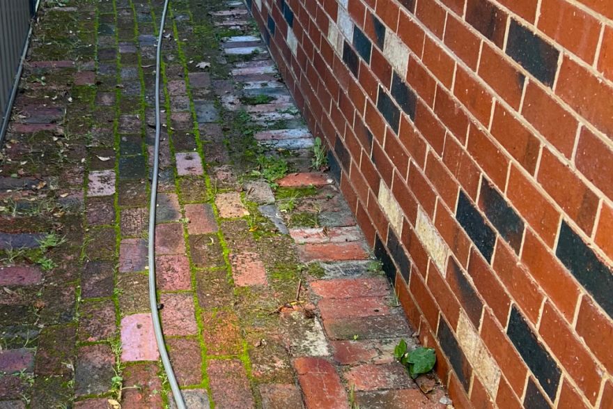Before and after cleaning on brick pavers · Path: before