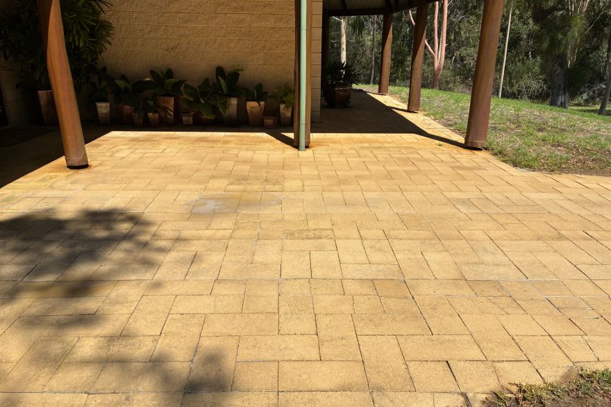 Before and after cleaning on brick pavers: after
