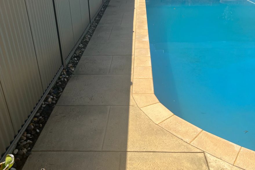 Before and after cleaning on liquid limestone · Poolside: after