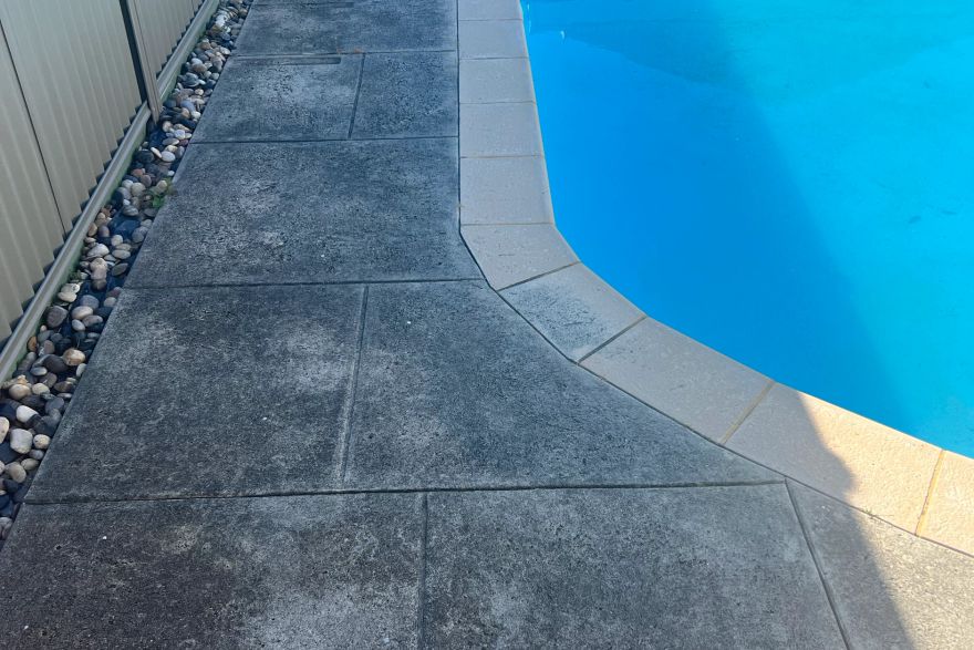 Before and after cleaning on liquid limestone · Poolside: before