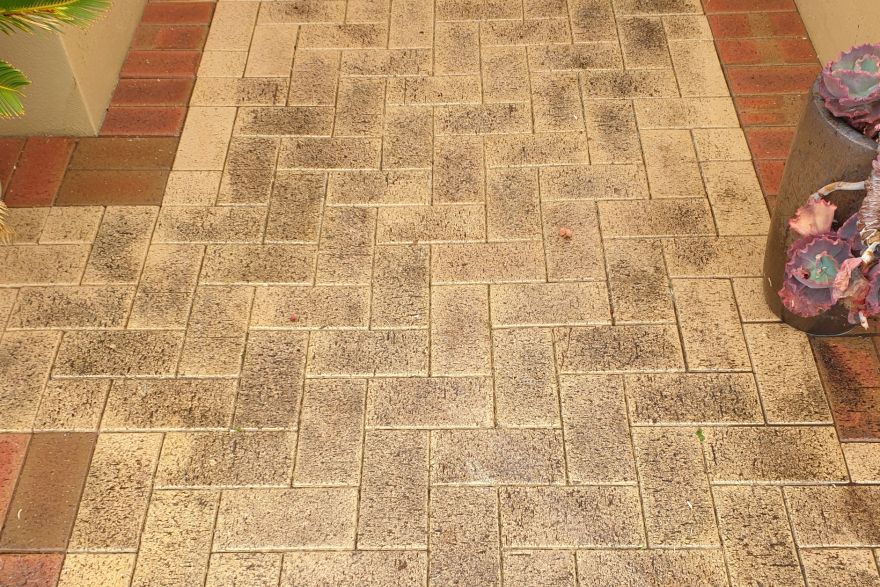 Before and after cleaning on brick pavers: before
