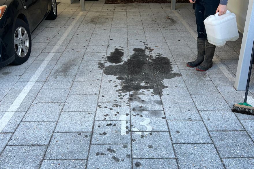 Before and after oil stains on brick pavers: before