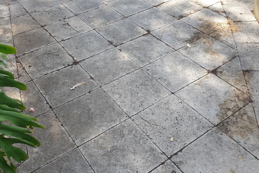 Before and after cleaning on sandstone pavers: before