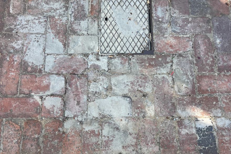 Before and after cleaning on brick pavers: before
