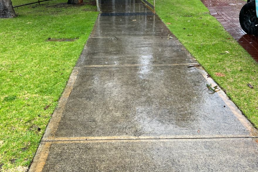 Before and after cleaning on concrete slab · Path: before