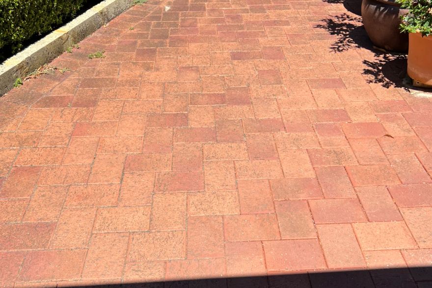 Before and after cleaning on brick pavers: before