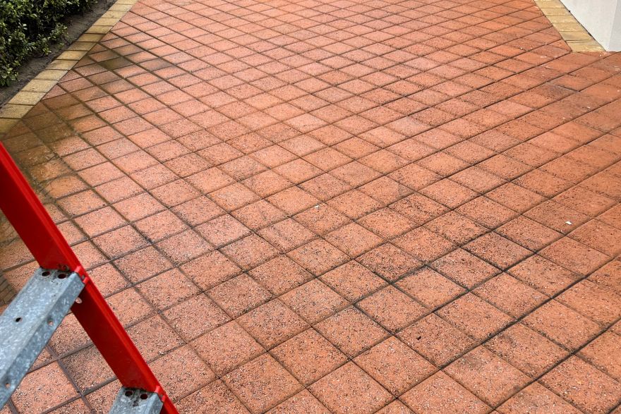 Before and after cleaning on brick pavers: after