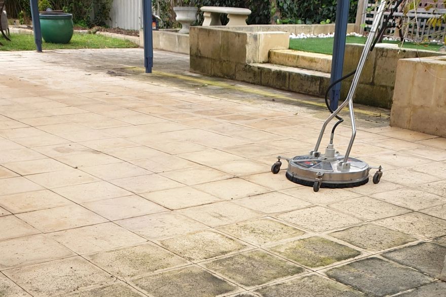 Before and after cleaning on sandstone pavers, limestone block · Patio / alfresco: before