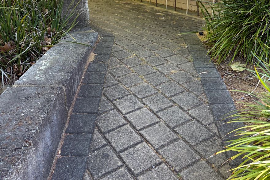 Before and after cleaning on brick pavers: before