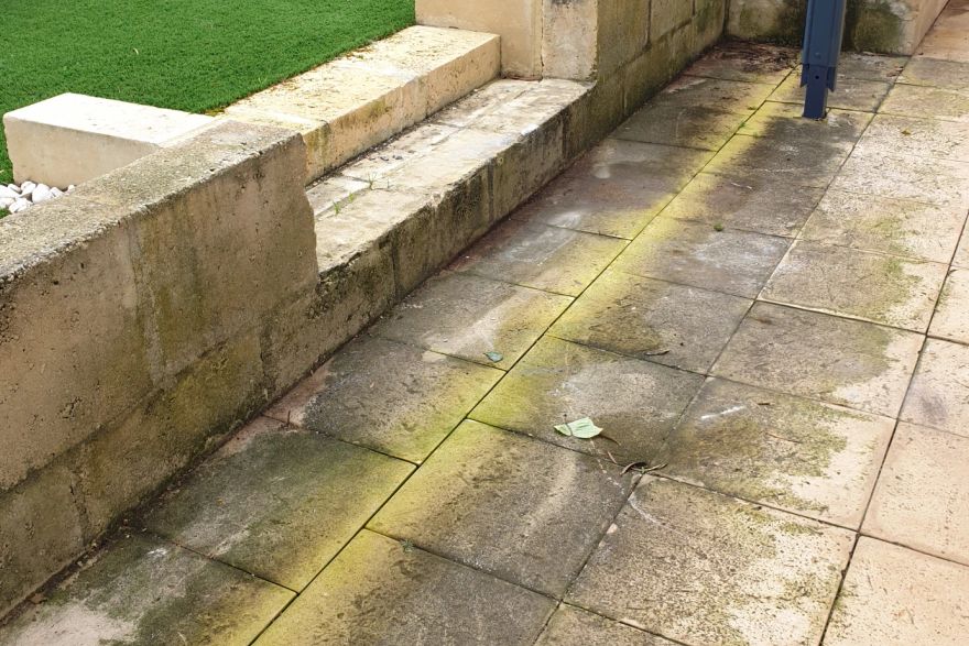 Before and after cleaning on limestone block, sandstone pavers · Patio / alfresco: before
