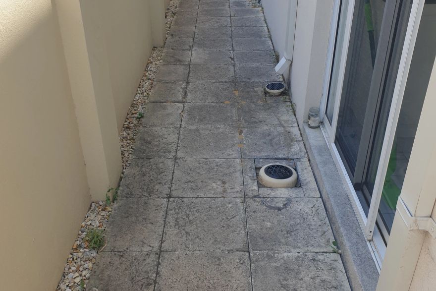 Before and after cleaning on sandstone pavers · Path: before