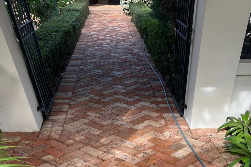 Before and after cleaning on brick pavers: after