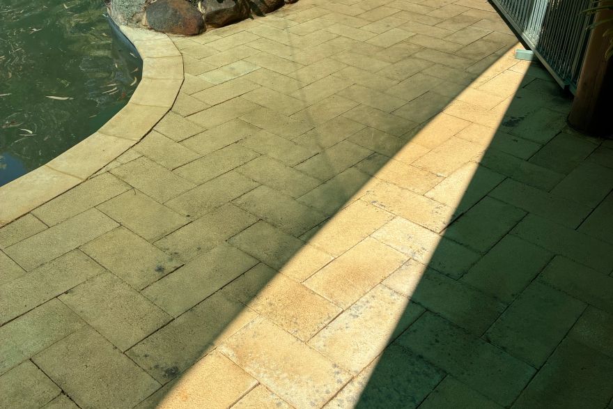 Before and after cleaning on brick pavers · Poolside: after
