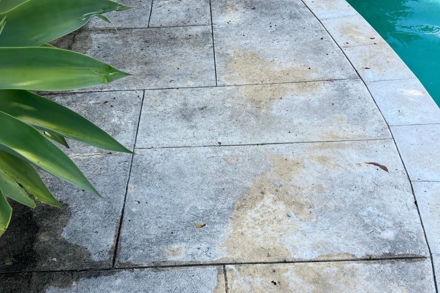 Before and after cleaning on liquid limestone · Poolside: before