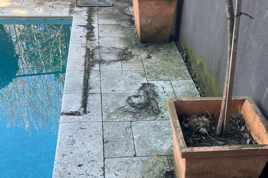 Before and after cleaning on natural stone: before