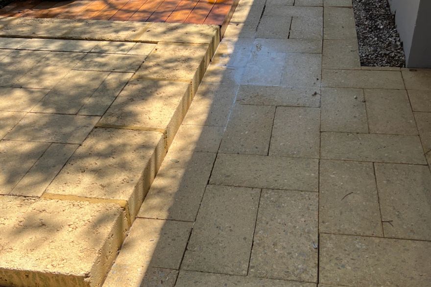 Before and after cleaning on natural stone · Path: after