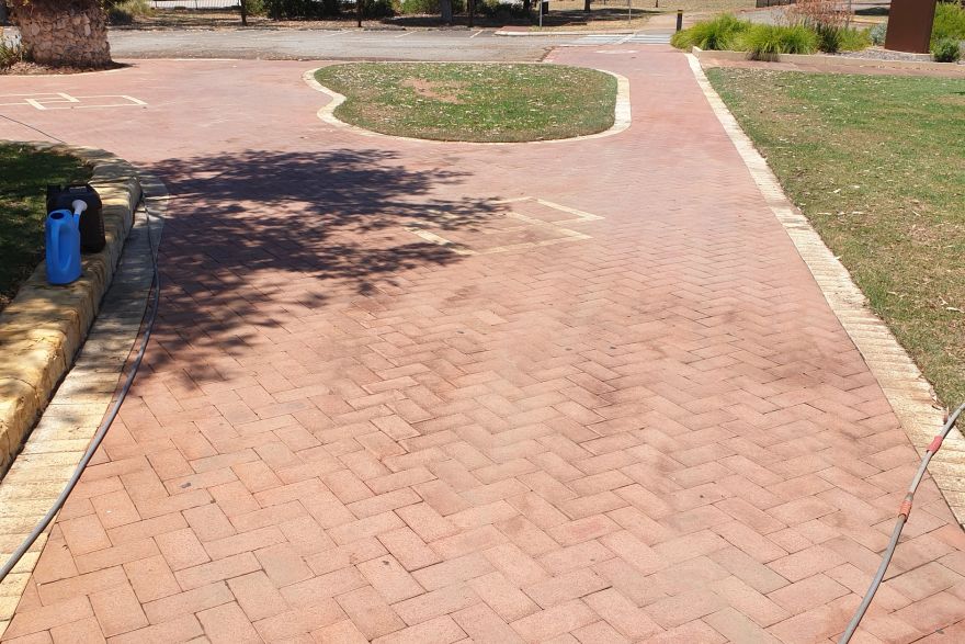 Before and after cleaning on brick pavers: after