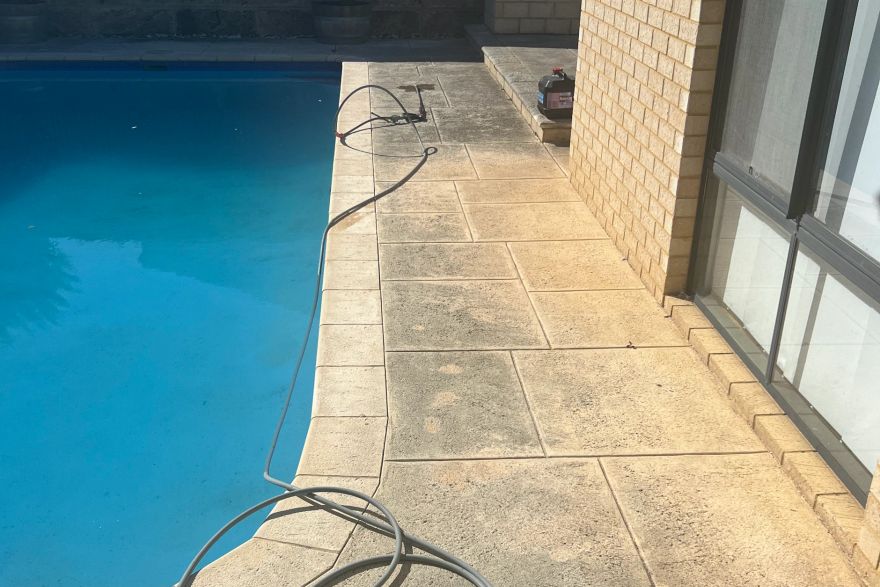 Before and after cleaning on liquid limestone · Poolside: before