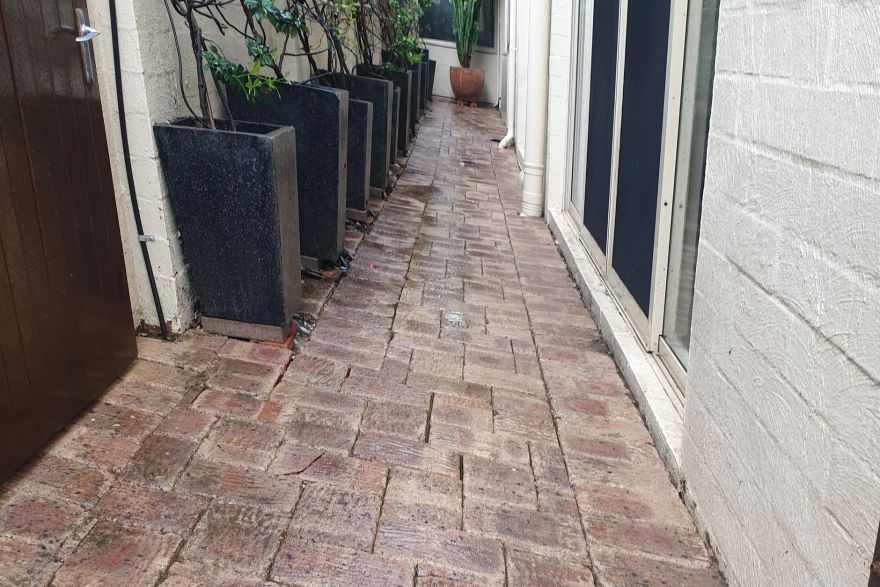 Before and after cleaning on brick pavers · Path: after