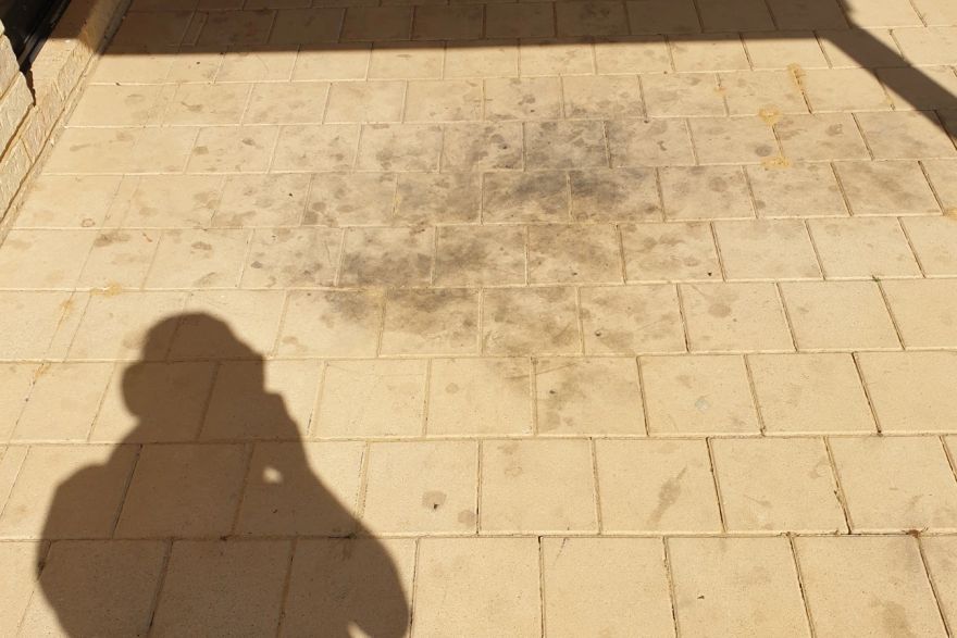 Before and after oil stains on brick pavers · Patio / alfresco: before