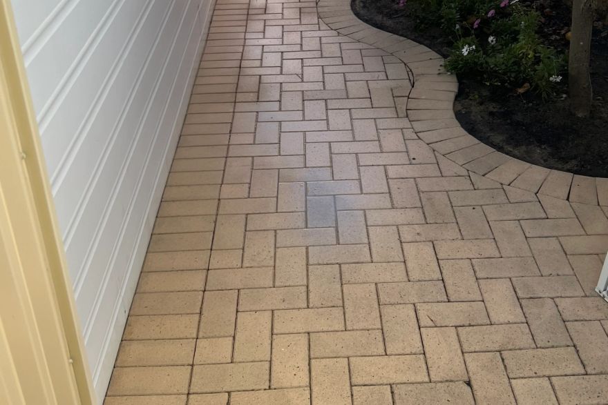 Before and after cleaning on brick pavers: after