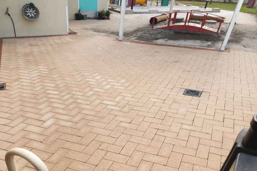 Before and after cleaning on brick pavers: after