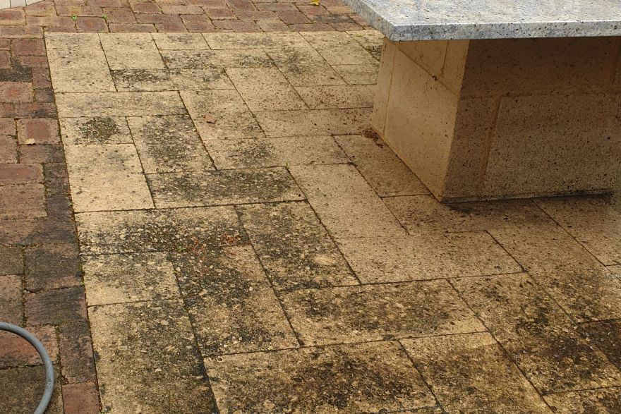 Before and after cleaning on brick pavers · Patio / alfresco: before