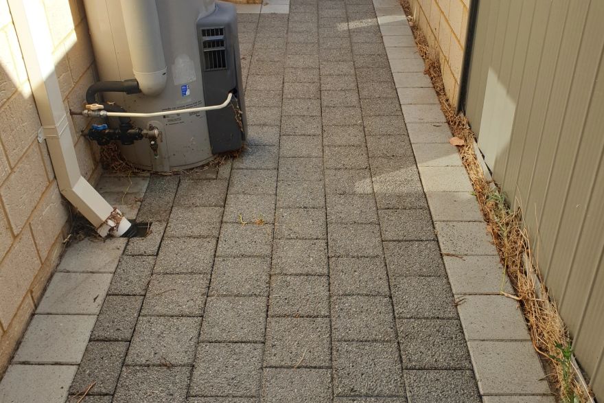 Before and after cleaning on brick pavers · Path: after