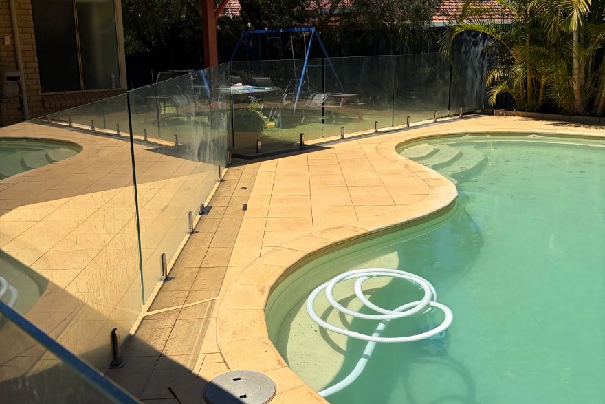 Before and after cleaning on sandstone pavers · Poolside: after