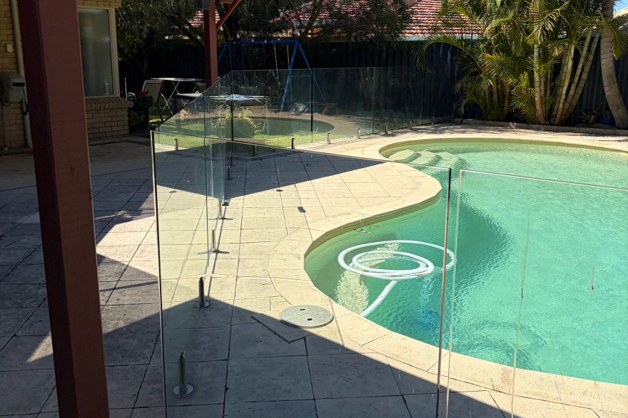 Before and after cleaning on sandstone pavers · Poolside: before