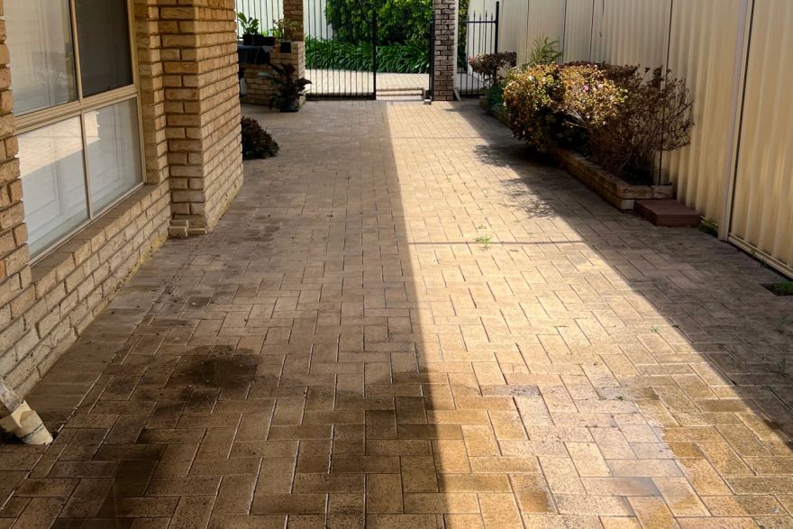 Before and after cleaning on brick pavers · Patio / alfresco: before