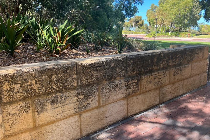Before and after cleaning on limestone block: before