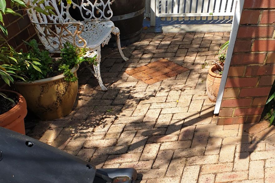 Before and after cleaning on brick pavers: after