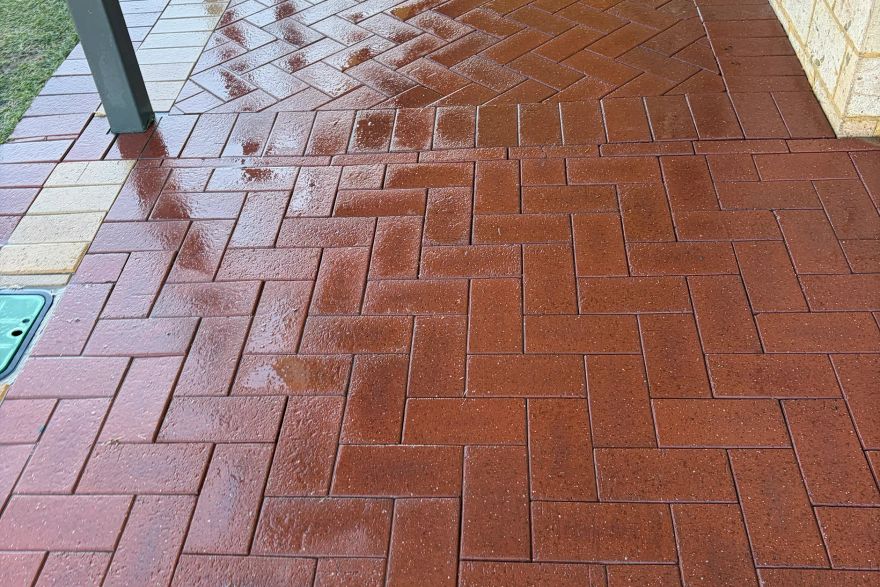 Before and after cleaning on brick pavers: after