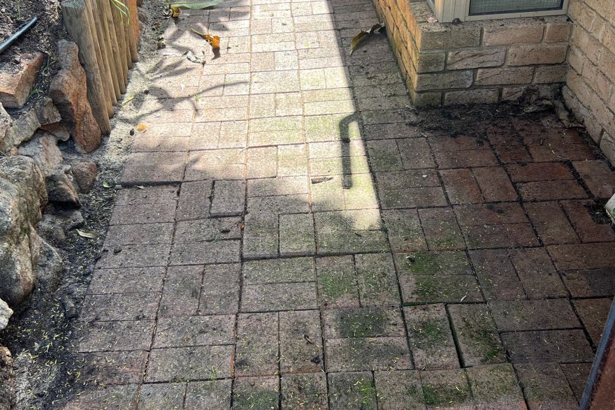 Before and after cleaning on brick pavers: before