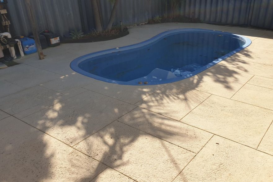 Before and after cleaning on liquid limestone · Poolside: after