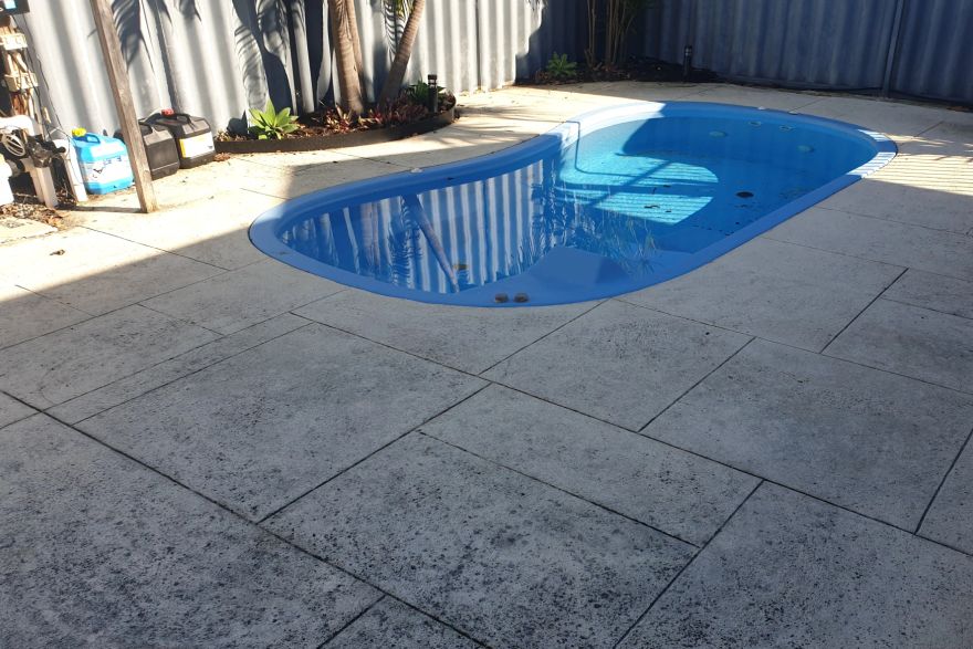 Before and after cleaning on liquid limestone · Poolside: before