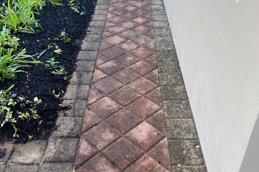 Before and after cleaning on brick pavers: before
