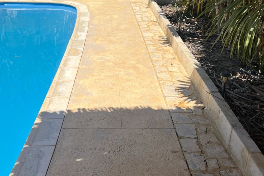 Before and after cleaning on liquid limestone · Poolside: after