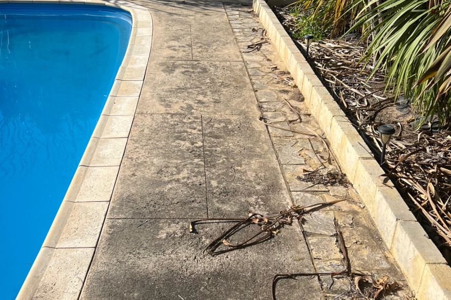 Before and after cleaning on liquid limestone · Poolside: before