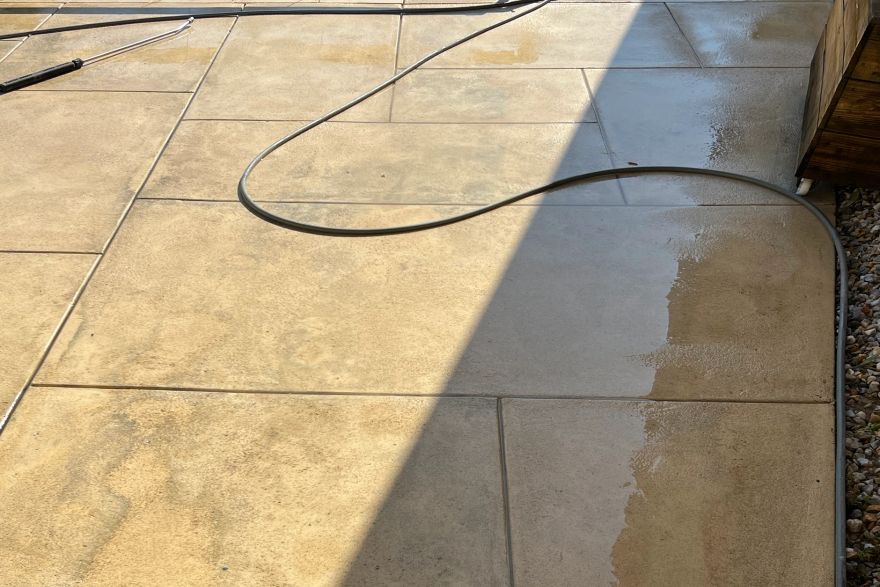 Before and after cleaning on liquid limestone · Poolside: after